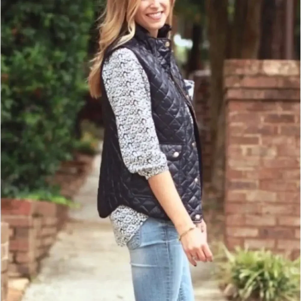 J. Crew Shiny Quilted Field Puffer Down Vest Navy Blue E1014 Petite Size PXS